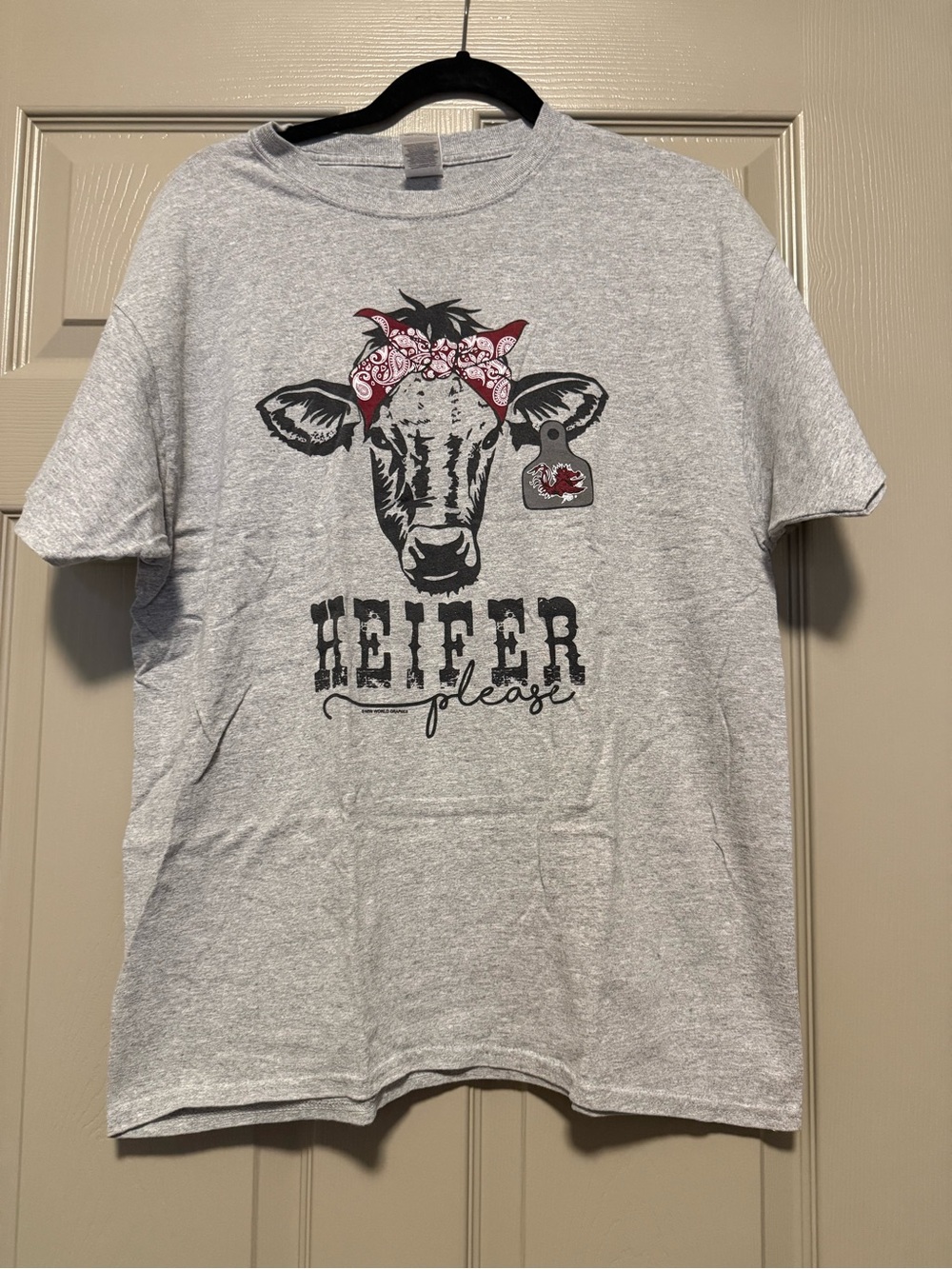 Gildan Gray Kids Tee with Black Cow Graphic and Pink Bandana